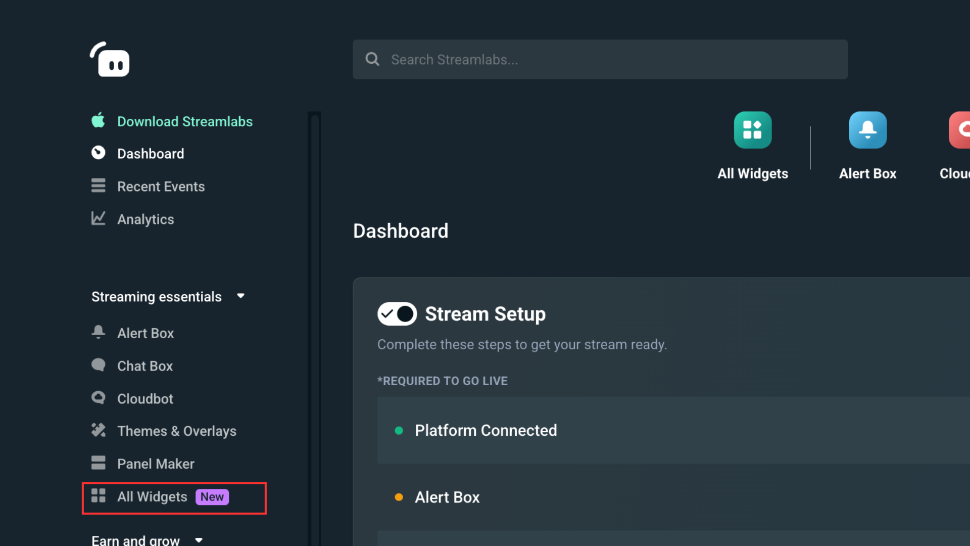 All Widgets section settings in Dashboard